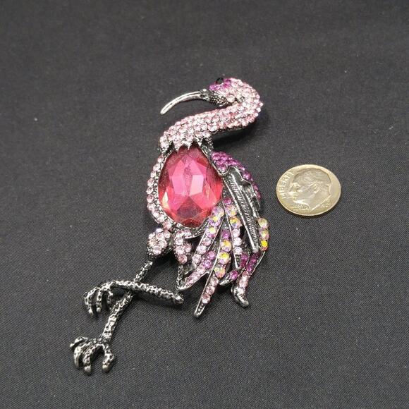 Large Rhinestone Pink & Red Heron Bird Brooch & Pendant, 3 3/4 Inches - Picture 5 of 5